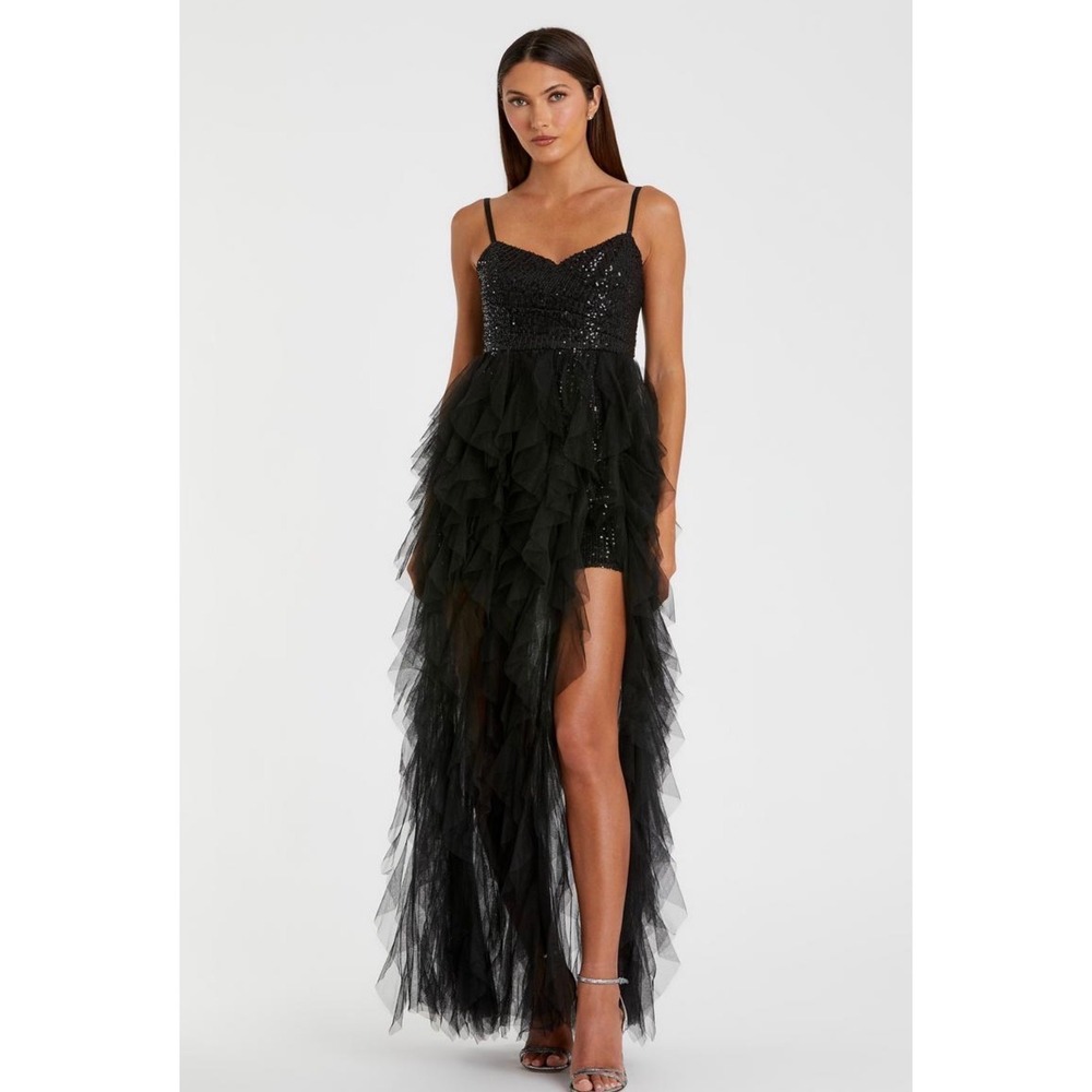 Ieena for Mac Duggal Black Sequin Tulle High Low Gown Dress Womens 2